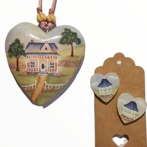 Vintage Country cottage handpainted wood Heart necklace earrings set
